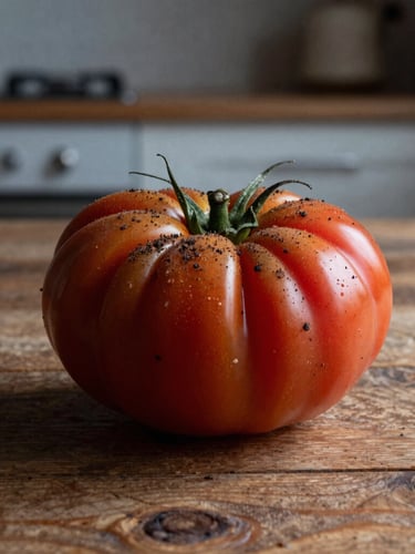 Macro shot of soil-dusted heirloom tomatoes on a rustic wooden table, natural low-key side lighting casting deep shadows, Scandi-style minimalist kitchen background.