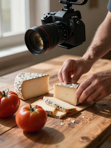 A close-up shot of a camera rig positioned over a rustic wooden table, capturing hands arranging artisanal cheeses and heirloom tomatoes, natural window light with deep shadows.
