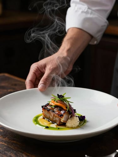 Close-up of a chef's hands plating an artisanal dish under low-key natural light, steam rising from the plate, dark rustic background.