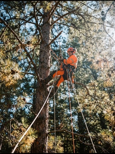 Dramatic low-angle shot looking up at a certified climber in high-visibility safety orange gear, secured with ropes high in a massive pine canopy, crisp morning sunlight filtering through branches, 35mm