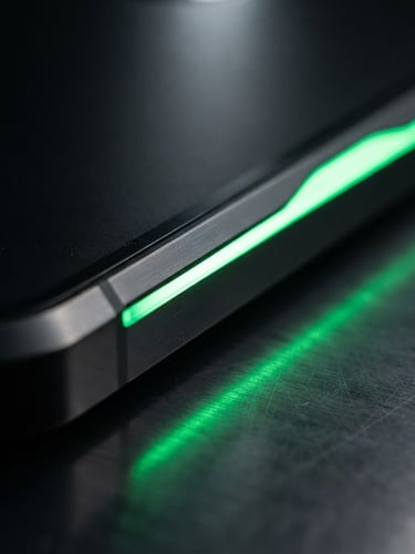 Sleek tech photography, close-up of a modern mobile hardware edge with an electric green neon glow reflecting off a dark metallic surface, macro depth of field, 35mm