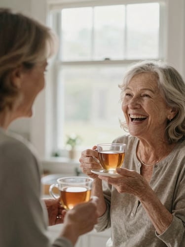 A senior woman laughing while sharing a cup of tea with a warm companion in a sunlit Rhode Island kitchen, soft natural light, shallow depth of field, 35mm