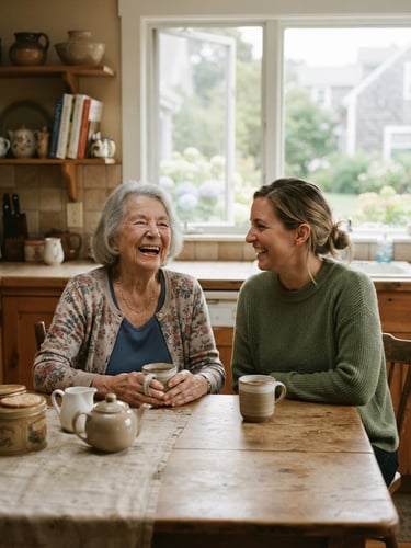 A senior woman and a caregiver sharing a warm laugh over tea in a sunlit Rhode Island kitchen, soft natural window light, gentle muted earth tones, shallow depth of field, 35mm