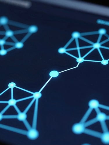 Close-up of structured network architecture diagrams on a dark high-contrast screen, glowing cyan connections, sharp 35mm focus