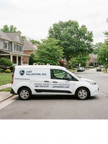 Wide shot of a clean, branded JUST VALUATION, INC. appraisal vehicle parked on a suburban street, bright overcast daylight, professional and sharp corporate photography, 35mm