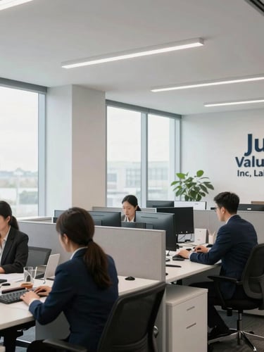 Interior shot of a modern, well-lit corporate office at Just Valuation, Inc.'s Lake Mary hub, with clean architectural lines, professional staff working at desks, bright overcast daylight through large large windows, sharp corporate photography, 35mm.