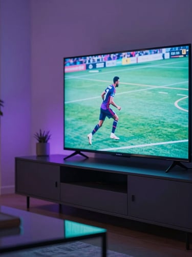 Cinematic close-up of a modern Berlin apartment living room at night, glowing OLED television screen displaying high-speed football action, soft violet and cyan ambient light reflecting off dark minimalist furniture, shallow depth of field.