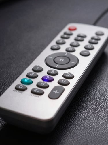 Macro close-up of a sleek premium remote control resting on a dark leather sofa, glowing violet and cyan ambient light reflecting off its metallic buttons, shallow depth of field.