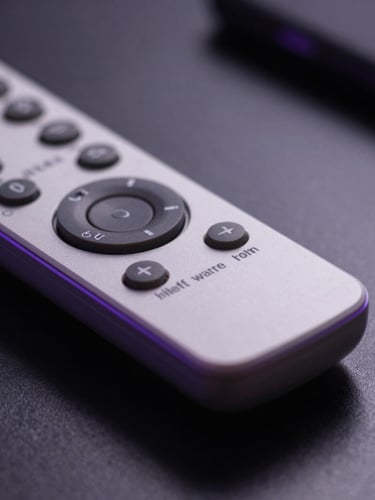 Extreme close-up macro shot of a premium minimalist remote control resting on a dark matte table, illuminated by a faint neon-violet edge light in a dark room.