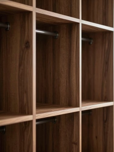 Straight-on architectural detail of a walnut-toned modular wardrobe system, soft directional morning light, clean lines, shallow depth of field, 35mm
