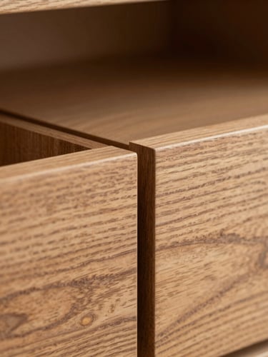 Macro close-up of perfectly aligned walnut wood grain running across two adjacent drawer fronts, flawless zero-tolerance joinery, soft directional side-lighting
