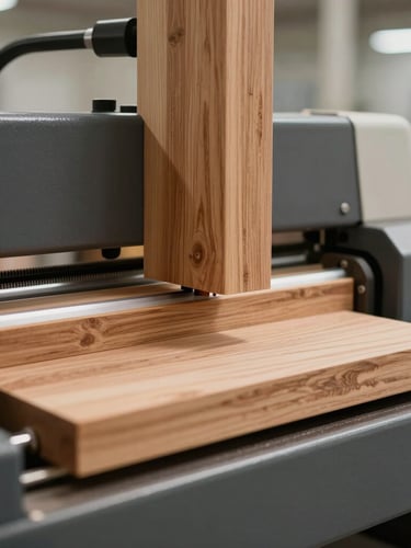 Close-up of a high-tech wood cutting machine in a clean, modern manufacturing facility, soft side-lighting, wood textures visible, 35mm