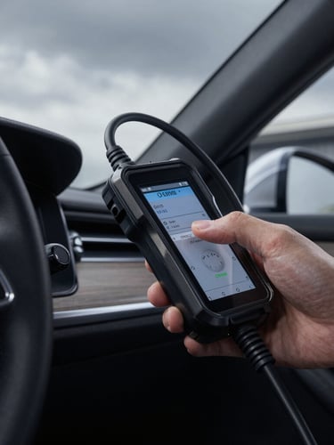 Close-up of a professional OBD2 diagnostic scanner connected to a modern luxury vehicle steering column, sharp focus, cool metallic tones, dramatic overcast daylight, 50mm