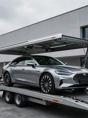 Sleek modern enclosed car transport trailer loading a polished premium sedan, architectural minimalist background, cool metallic tones, overcast daylight, 50mm