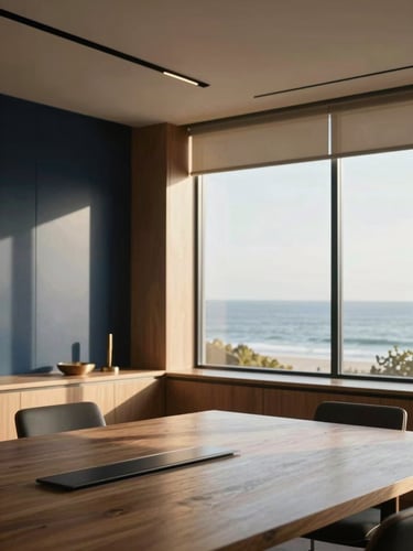 Sophisticated architectural detail of a modern coastal boardroom in San Clemente, soft coastal window light, warm wood and steel accents, shallow depth of field, 35mm