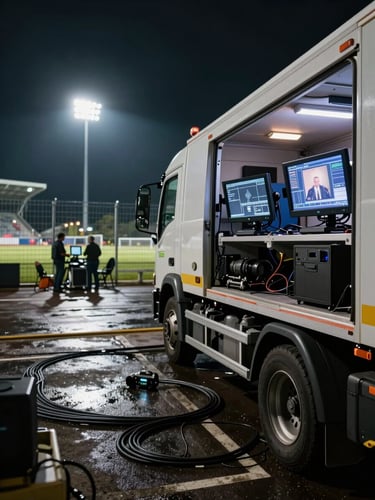 Wide environmental shot of a stadium broadcast compound at night — OB truck bay lit by production monitors in the foreground right, stadium floodlights visible through a wire fence in the background left, cables running across wet tarmac, broadcast crew visible mid-distance