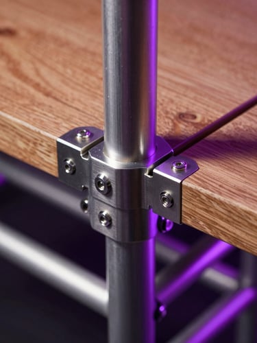 Close-up macro shot of premium textured wood and brushed steel joints on a custom-built stage structure, sharp violet neon light casting dramatic shadows.