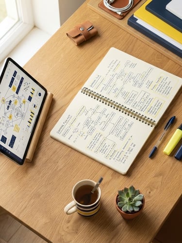 Overhead flatlay of an organized wooden desk in bright morning light. A notebook with structured handwritten grammar flowcharts, a blue pen, highlighters, and a tablet showing a clean analysis diagram. Sharp focus, clean editorial photography, 35mm.