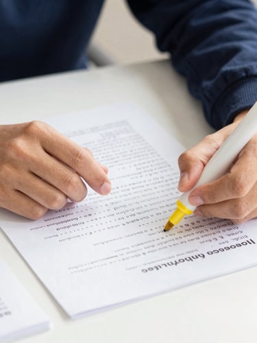 Close-up of a student's hands highlighting key terms on an exam paper with a yellow marker, clean organized desk, bright natural daylight, 35mm