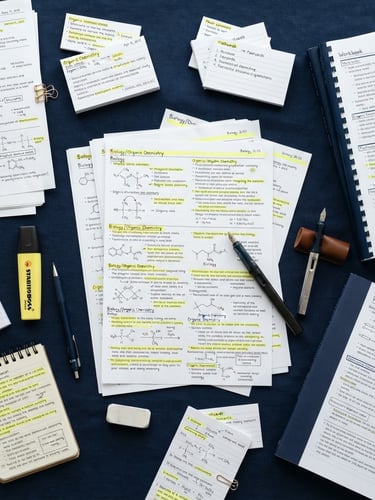 Overhead flatlay of structured study materials, highlighted exam sheets with neat notes, and a fountain pen on a deep navy blue background, clean studio light, sharp focus, 35mm