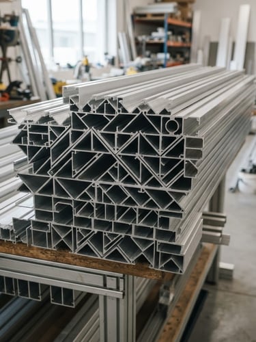 Bright workshop photo of silver aluminum extrusions stacked neatly, clean miter cuts, natural daylight, sharp focus, 35mm lens