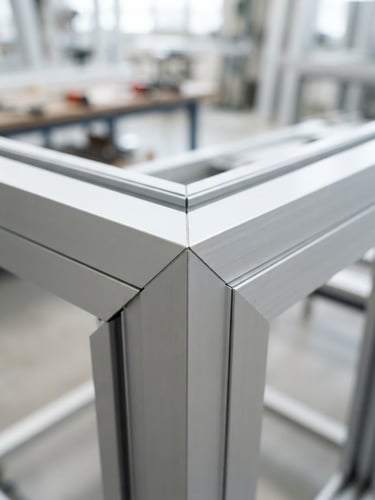 Bright industrial close-up of a clean aluminum window frame corner joint, showing precision miter cuts, natural daylight reflecting on silver metallic surface, sharp focus, 35mm lens