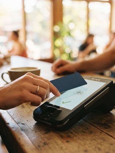 Close-up of hands tapping a contactless card on a modern terminal in a sunlit local cafe, warm natural daylight, shallow depth of field