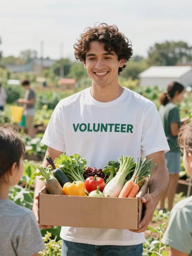 A documentary-style portrait of a volunteer handing a box of fresh produce to a family at a community garden, bright natural daylight, optimistic and clean tones, shallow depth of field, 35mm film look.