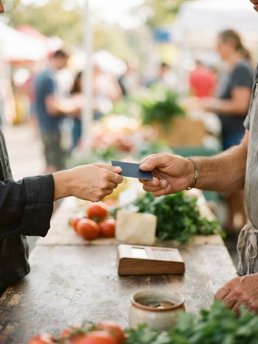 A warm close-up of hands exchanging a payment card at a local market counter, bright natural daylight, optimistic and clean tones, shallow depth of field, 35mm film look.