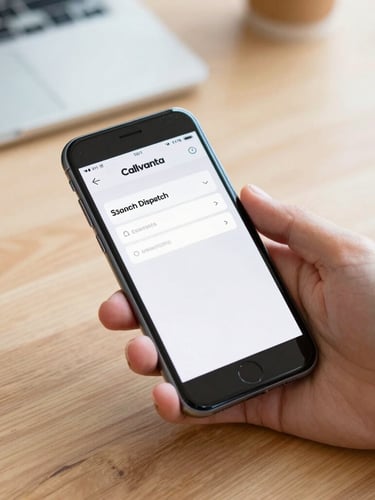 Close-up of hands holding a smartphone on a wooden workbench, displaying a Callvanta dispatch notification with bright daylight, crisp details, 35mm lens