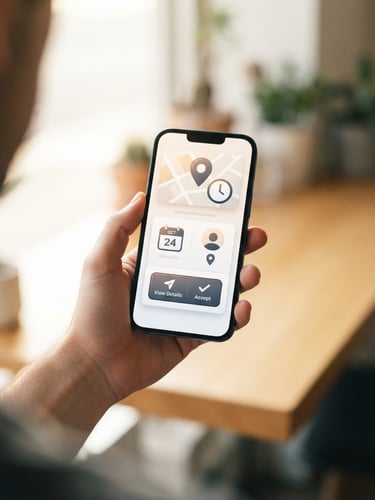 Over-the-shoulder view of a clean smartphone screen displaying a simplified Callvanta app notification showing a newly captured client job, bright natural daylight, crisp details.