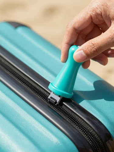 Close-up of hands applying a bright turquoise tamper-proof security seal onto a sleek suitcase zipper, warm sunlight, shallow depth of field, 35mm