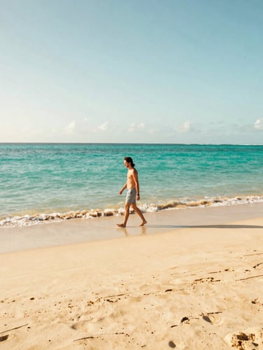 Wide-angle editorial shot of a sunny tropical beach, a traveler walking freely near turquoise water, warm golden-hour light, 35mm