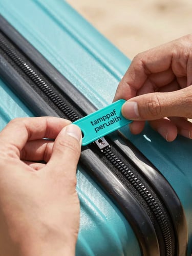 Close-up of hands attaching a bright turquoise tamper-proof security seal to a sleek suitcase zipper, warm sunlight