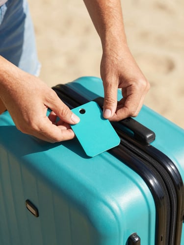 A close-up of a traveler's hands attaching a bright turquoise security tag to a sleek suitcase, warm tropical sunlight casting soft shadows.