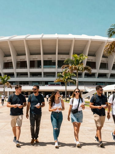 Wide-angle vibrant shot of travelers walking freely outside a massive modern sports stadium under bright tropical sunlight, holding tickets, no heavy bags.