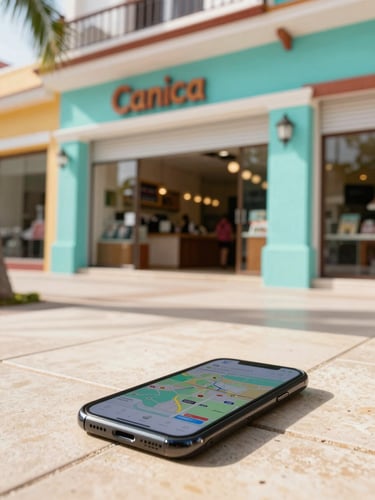Bright tropical storefront in Cancun, warm sunlight casting shadows on a clean tiled entryway, a smartphone displaying a map in the foreground, 35mm