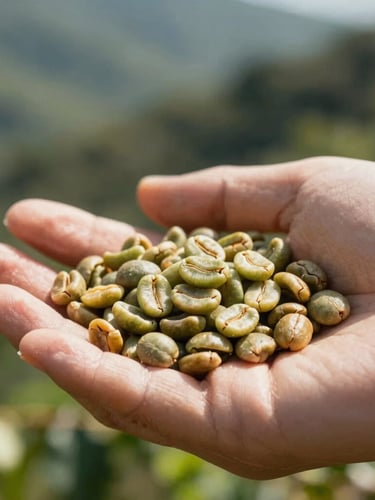 Macro detail of raw green coffee beans resting in hands, natural mountain sunlight, shallow depth of field