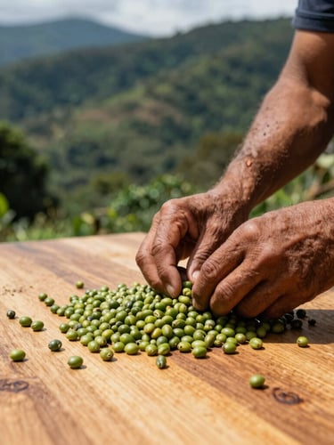 Hands of a Honduran farmer sorting green coffee beans on a wooden table, natural high-contrast sunlight, documentary-style, close-up.