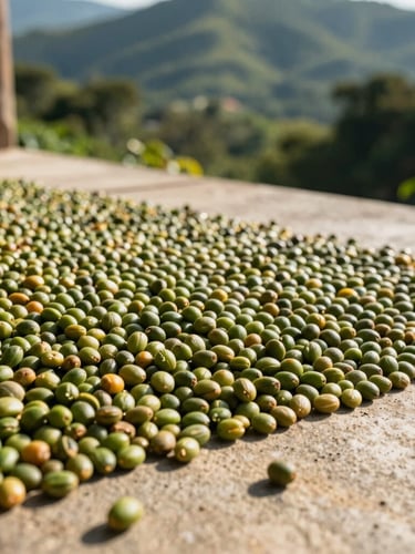 Close-up of sun-drenched green coffee beans drying on a concrete patio in Honduras, warm natural sunlight, shallow depth of field