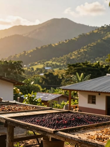 Wide shot of sun-drenched coffee drying patios in Copán, Honduras, with mountains in the background, warm golden hour light, shallow depth of field, 35mm.