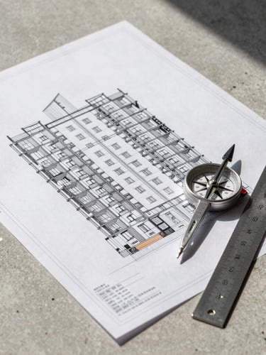 A crisp structural blueprint of a residential apartment building laid out on a concrete surface, sharp natural daylight, architectural compass and steel ruler resting on the paper.