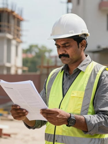 Expert Raja Ganesan in safety gear holding technical documents on a Chennai residential construction site, natural bright daylight
