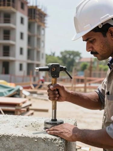 Close-up of an expert engineer checking concrete strength with a rebound hammer on an active residential construction site in Chennai, bright daylight.