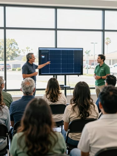 A medium shot of a community leader presenting a solar-monitoring dashboard to a group of engaged residents in a bright, naturally lit community hall in California.