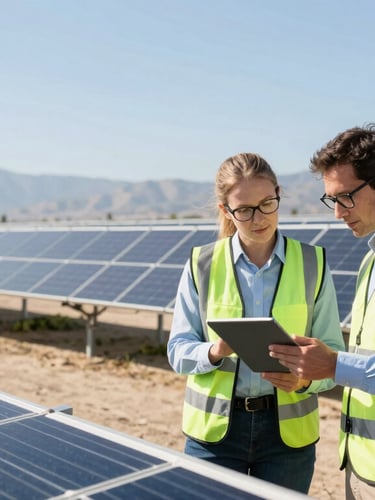 A wide environmental shot of a modern solar installation in California, with clean-tech researchers analyzing data on a tablet under bright natural daylight.