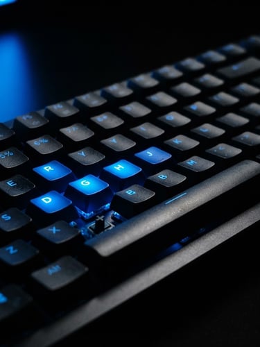 Macro shot of mechanical keyboard under dark ambient light with sharp blue screen-glare highlights, clean setup, 35mm
