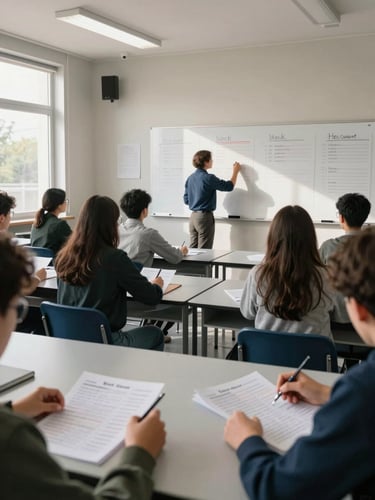 Wide shot of a classroom interior in morning light, students seated at desks reviewing printed timetables, a faculty member writing the week's schedule on a whiteboard at the far end, natural window light from the left side