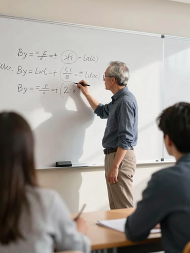 Close environmental shot of a senior faculty member at a whiteboard in a college classroom, writing equations in chalk, natural north-facing daylight illuminating the board, students' hands visible at desks in the foreground, mid-morning light, no posed expressions
