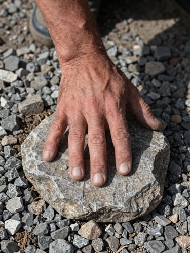 Close-up of weathered hands pressing a flat stone into a gravel bed, natural daylight from the left, soil texture visible at the edges, documentary framing with no staging